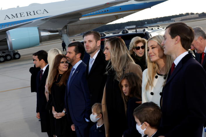 From left: Tiffany Trump; Donald Trump Jr. and his girlfriend, Kimberly Guilfoyle; Eric Trump with his wife, Lara; and Ivanka Trump and Jared Kushner at Joint Base Andrews on Jan. 20, 2021. 